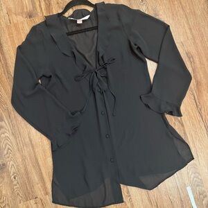 VTG Victoria's Secret Sheer Black Button‎ Down Chemise | Ruffle Collar | Medium